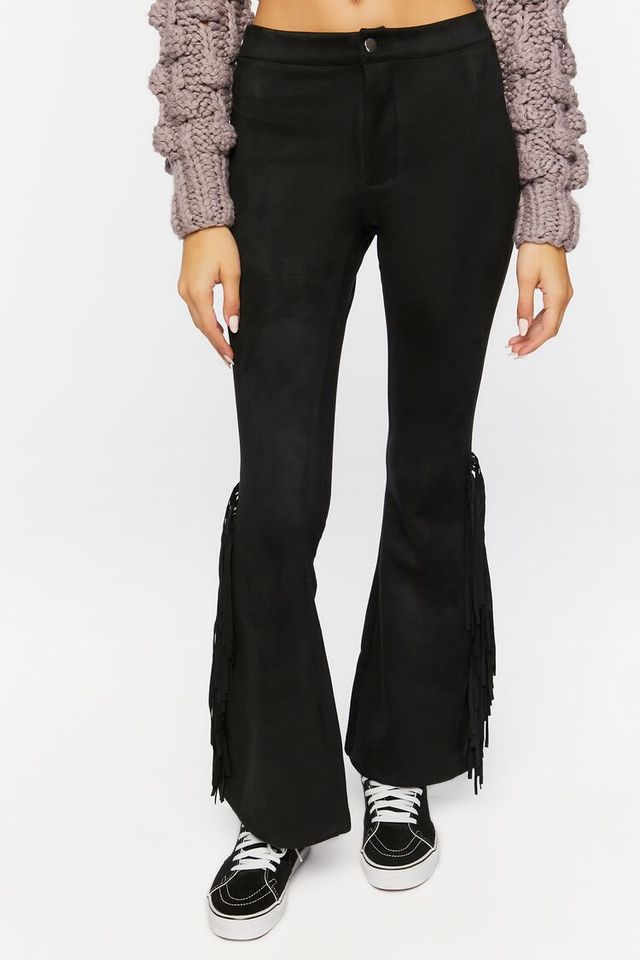 Forever 21 Women's Faux Suede Fringe Flare Pants in Black Small