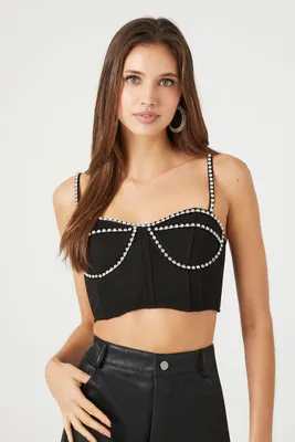 Women's Rhinestone Bustier Cropped Cami in Black/Silver, XS