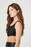 Women's Sequin Corset Crop Top in Black Large