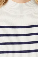 Women's Striped Mock Neck Sweater in White/Navy, XL