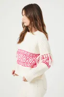 Women's Geo Fringe-Trim Sweater in Ivory/Pink Medium