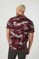 Men Camo Print Cuban Collar Shirt in Burgundy Medium