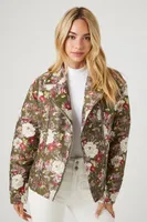 Women's Twill Floral Print Moto Jacket in Olive Small