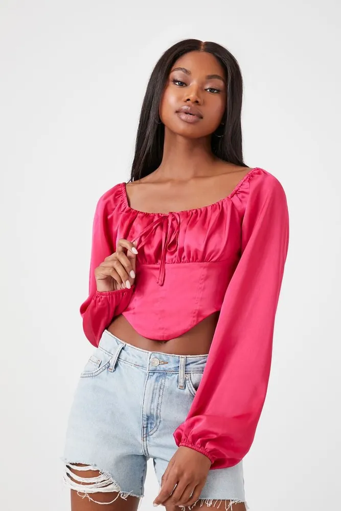 Women's Satin Peasant-Sleeve Crop Top in Watermelon Small