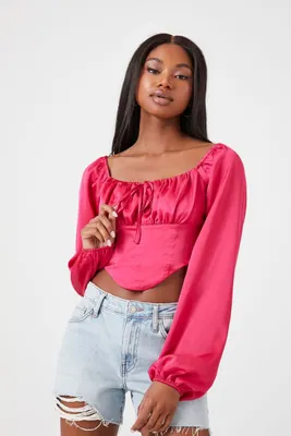 Women's Satin Peasant-Sleeve Crop Top in Watermelon Small