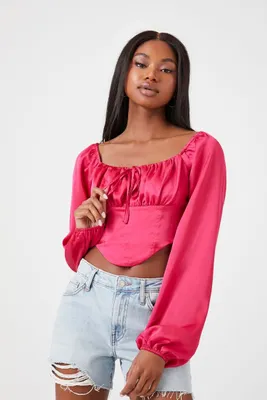 Women's Satin Peasant-Sleeve Crop Top