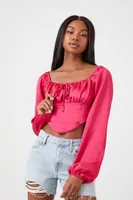 Women's Satin Peasant-Sleeve Crop Top Small