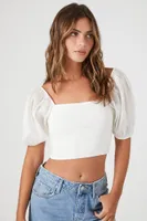 Women's Sweater-Knit Puff-Sleeve Top in White, XL