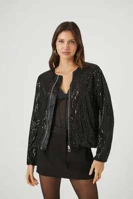 Women's Sequin Bomber Jacket in Black Small