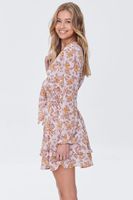 Women's Floral Print Peasant Sleeve Dress in Taupe Small