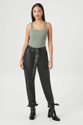 Women's Faux Leather Tie-Waist Cargo Pants Black