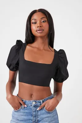 Women's Poplin Cutout Crop Top in Black Large