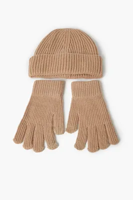 Men Unisex Ribbed Knit Beanie & Gloves Set in Coffee