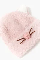 Girls Fuzzy Knit Cat Beanie (Kids) in Pink