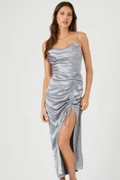 Women's Satin Ruched Midi Dress in Silver Large