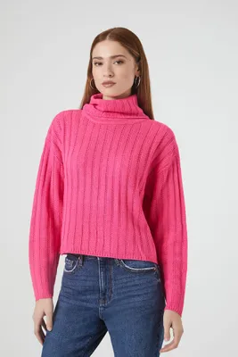 Women's Turtleneck Ribbed Knit Sweater Fuchsia