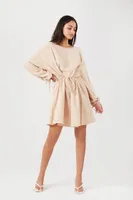 Women's Balloon-Sleeve Drawstring Mini Dress in Sandshell, XS