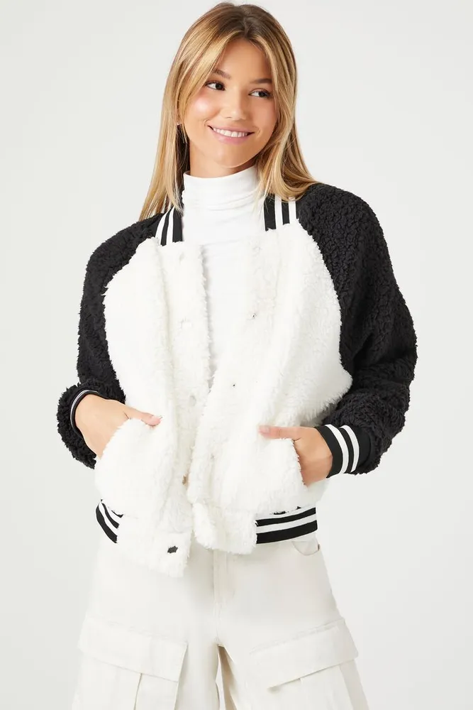 Women's Faux Shearling Varsity Bomber Shacket in Black/White Large