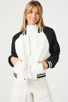 Women's Faux Shearling Varsity Bomber Shacket in Black/White Large