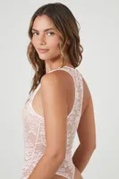 Women's Sheer Lace Racerback Lingerie Bodysuit in Powder Pink Medium