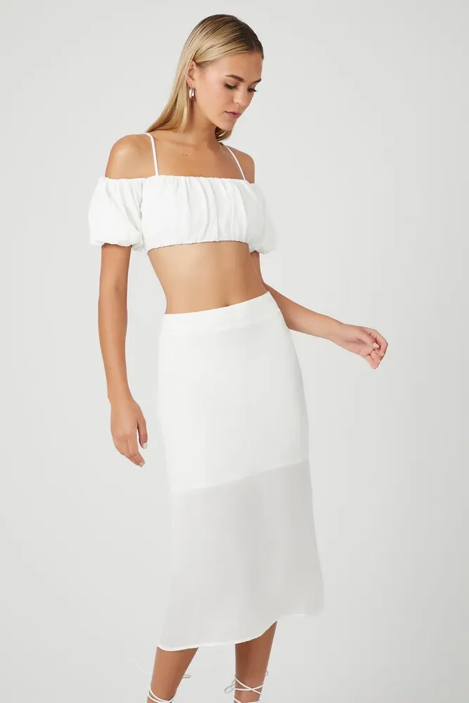 Women's Satin Vented Midi Skirt in Ivory Large