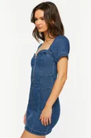 Women's Denim Zip-Up Sweetheart Mini Dress in Medium Denim