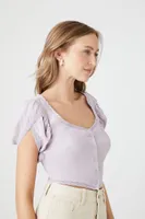 Women's Tulip-Sleeve Lace-Trim Crop Top Purple