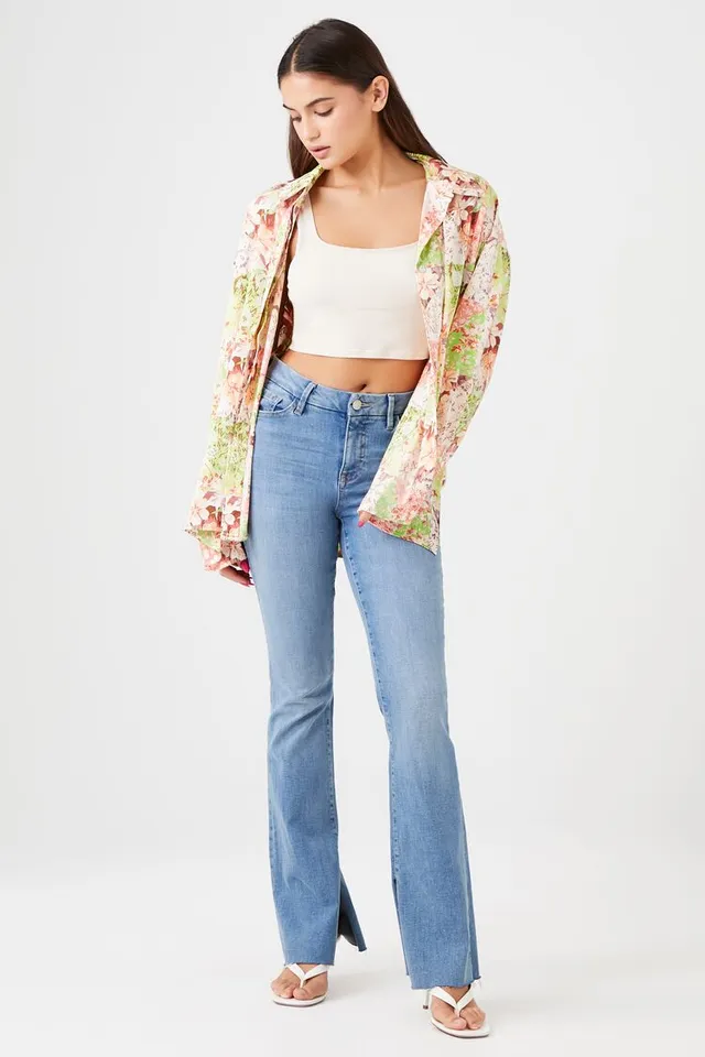 Forever 21 Women's Satin Floral Patchwork Shirt in Pale Peach Medium