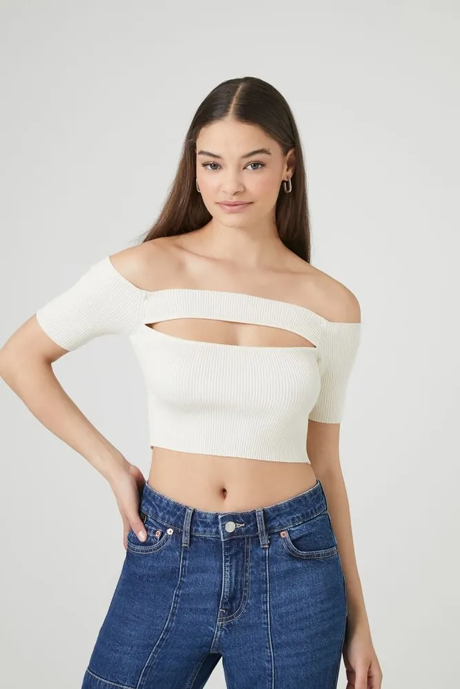 Women's Sweater-Knit Off-the-Shoulder Top in White, XL