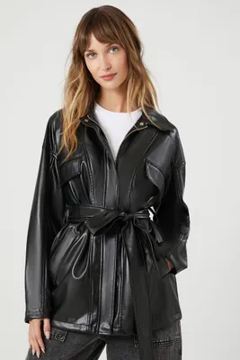 Women's Faux Leather Tie-Waist Jacket in Black Small