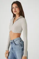 Women's Half-Zip Ribbed Crop Top in Silver Small