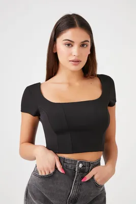 Women's Square-Neck Seamed Crop Top in Black Medium