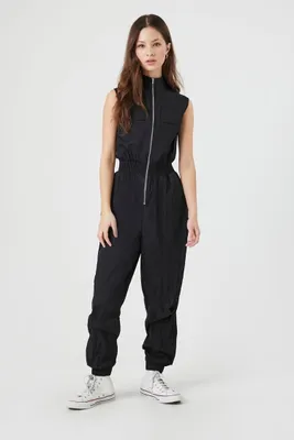 Women's Sleeveless Poplin Zip-Up Jumpsuit in Black, XS