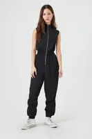 Women's Sleeveless Poplin Zip-Up Jumpsuit in Black Medium