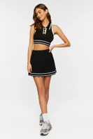 Women's Striped-Trim Crop Top & Tennis Skirt Set in Black/White Medium