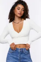 Women's Ribbed Surplice Crop Top in Cream Medium