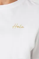 Women's Embroidered Hola T-Shirt in White/Gold Small