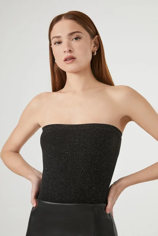 Forever 21 Women's Glitter Knit Tube Bodysuit in Black Medium