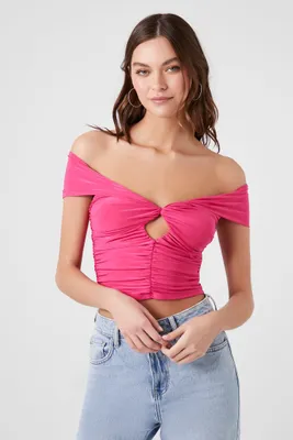Women's Off-the-Shoulder Shirred Crop Top in Hibiscus Small