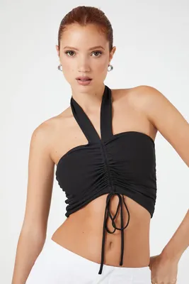 Women's Ruched Halter Crop Top in Black Small