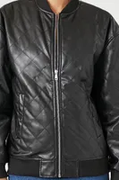 Women's Faux Leather Quilted Bomber Jacket in Black Small