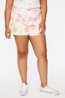 Women's Tropical Floral Denim Shorts in Cream/Pink, 18