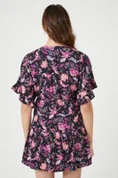 Women's Floral Print Ruffle Mini Dress in Black Large