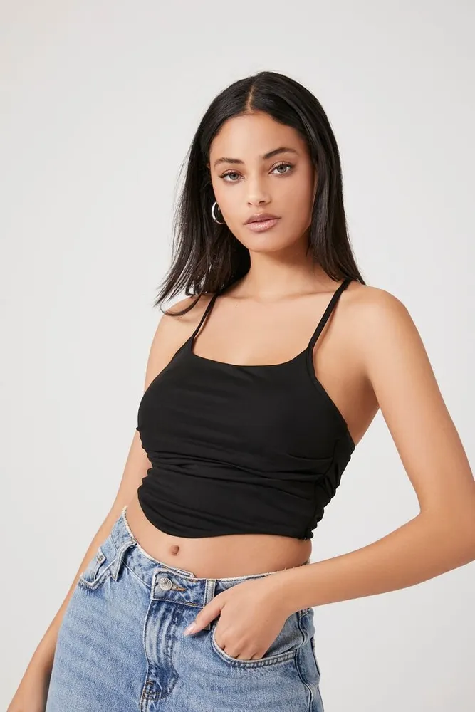 Women's Mesh Cropped Halter Top in Black, XS