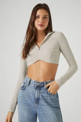 Women's Half-Zip Ribbed Crop Top in Silver Small