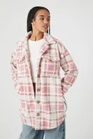 Women's Plaid Faux Shearling Longline Jacket in Pink Medium