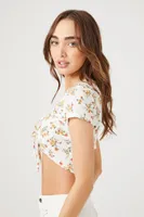 Women's Floral Print Tie-Front Crop Top in White Large