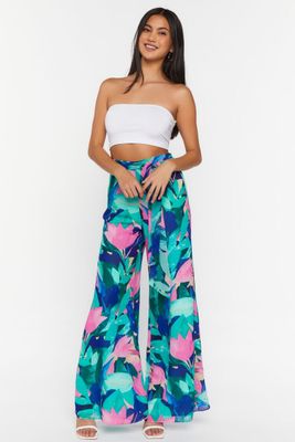 Women's Abstract Floral Wide-Leg Pants in Blue Large