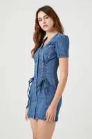 Women's Lace-Up Denim Mini Dress in Medium Denim, XS