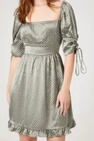 Women's Polka Dot Puff-Sleeve Mini Dress in Olive Medium